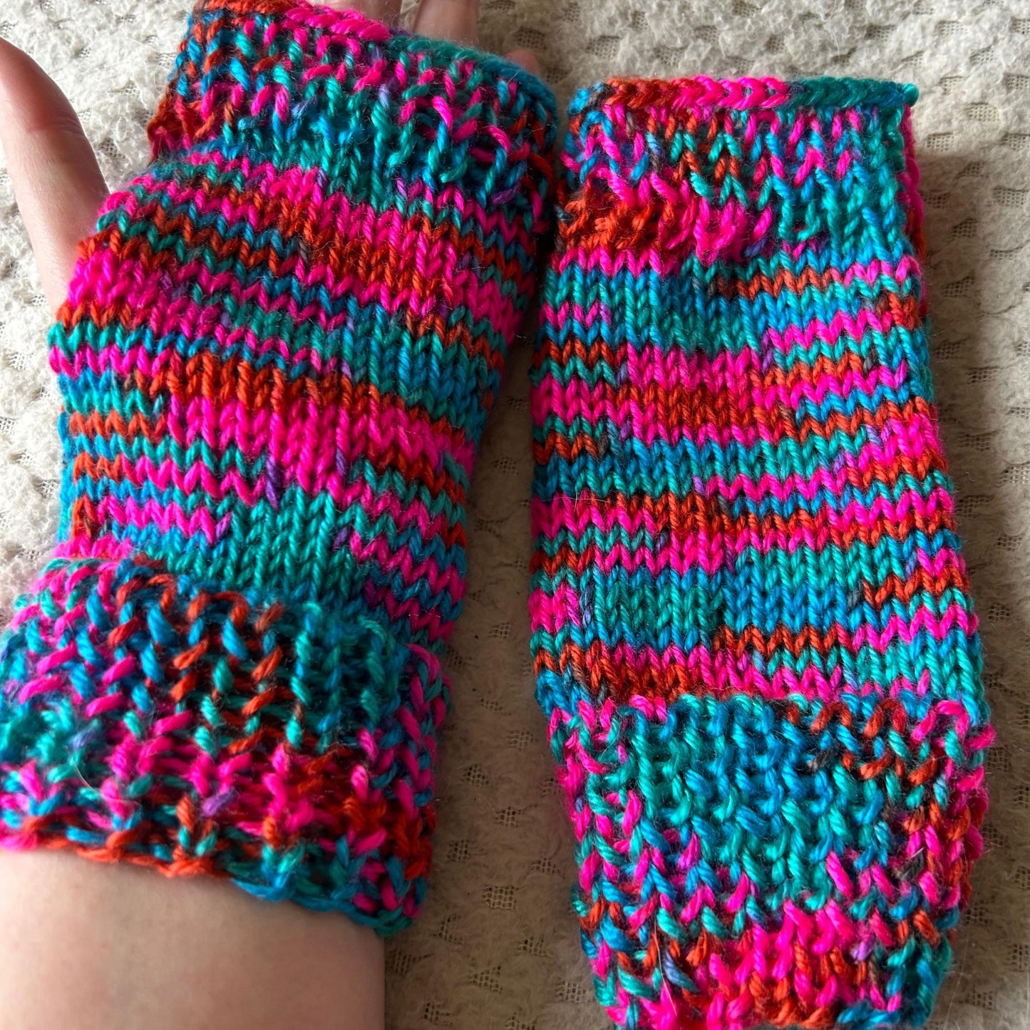 Brightly Coloured Pink Blue and Gold Fingerless Gloves for Her