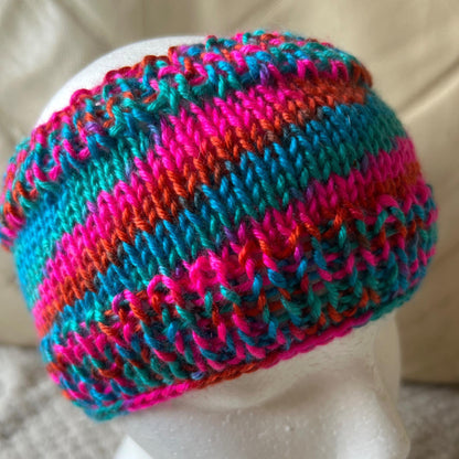 Brightly Coloured Pink Blue and Gold Hand Knit Headband