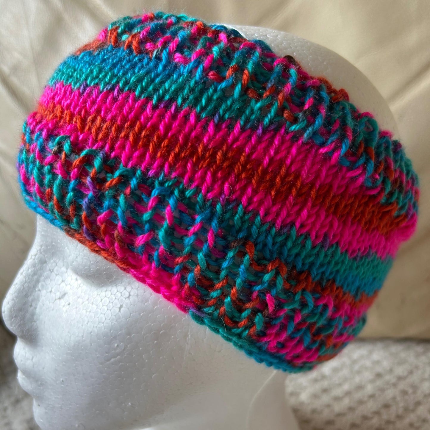 Brightly Coloured Pink Blue and Gold Hand Knit Headband