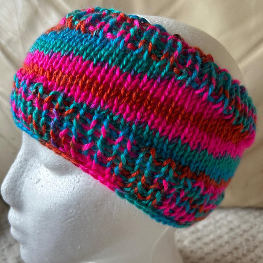 Brightly Coloured Pink Blue and Gold Hand Knit Headband
