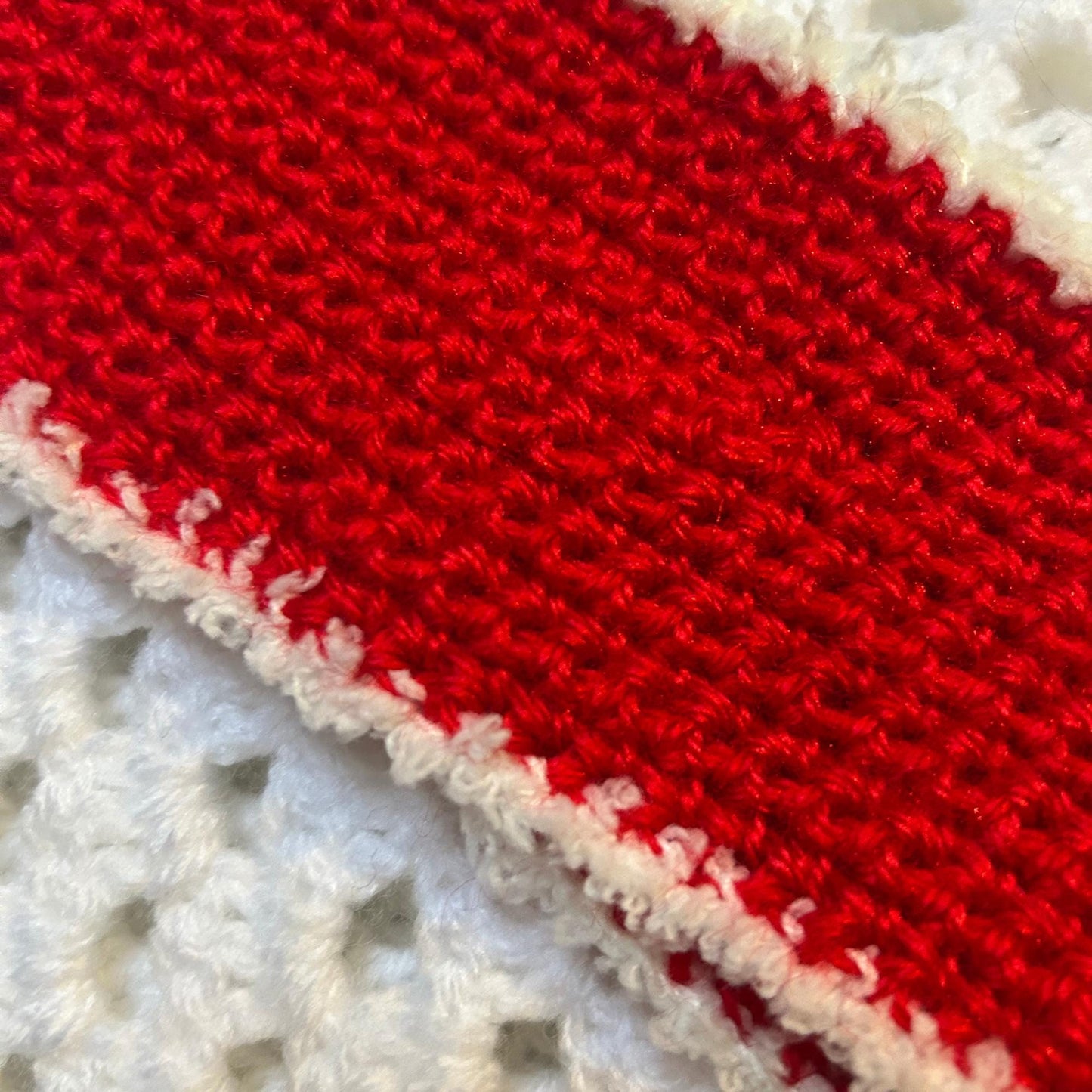 Red and Fluffy White Fingerless Gloves and Headband Crocheted Set