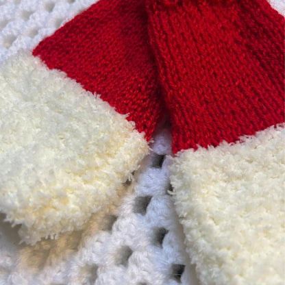 Red and Fluffy White Fingerless Gloves and Headband Crocheted Set