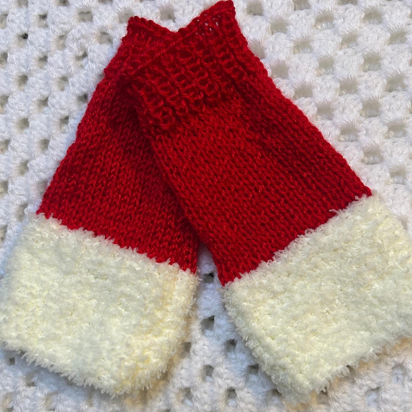 Red and Fluffy White Fingerless Gloves and Headband Crocheted Set