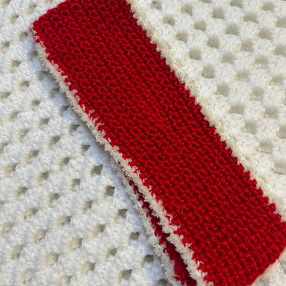 Red and Fluffy White Fingerless Gloves and Headband Crocheted Set