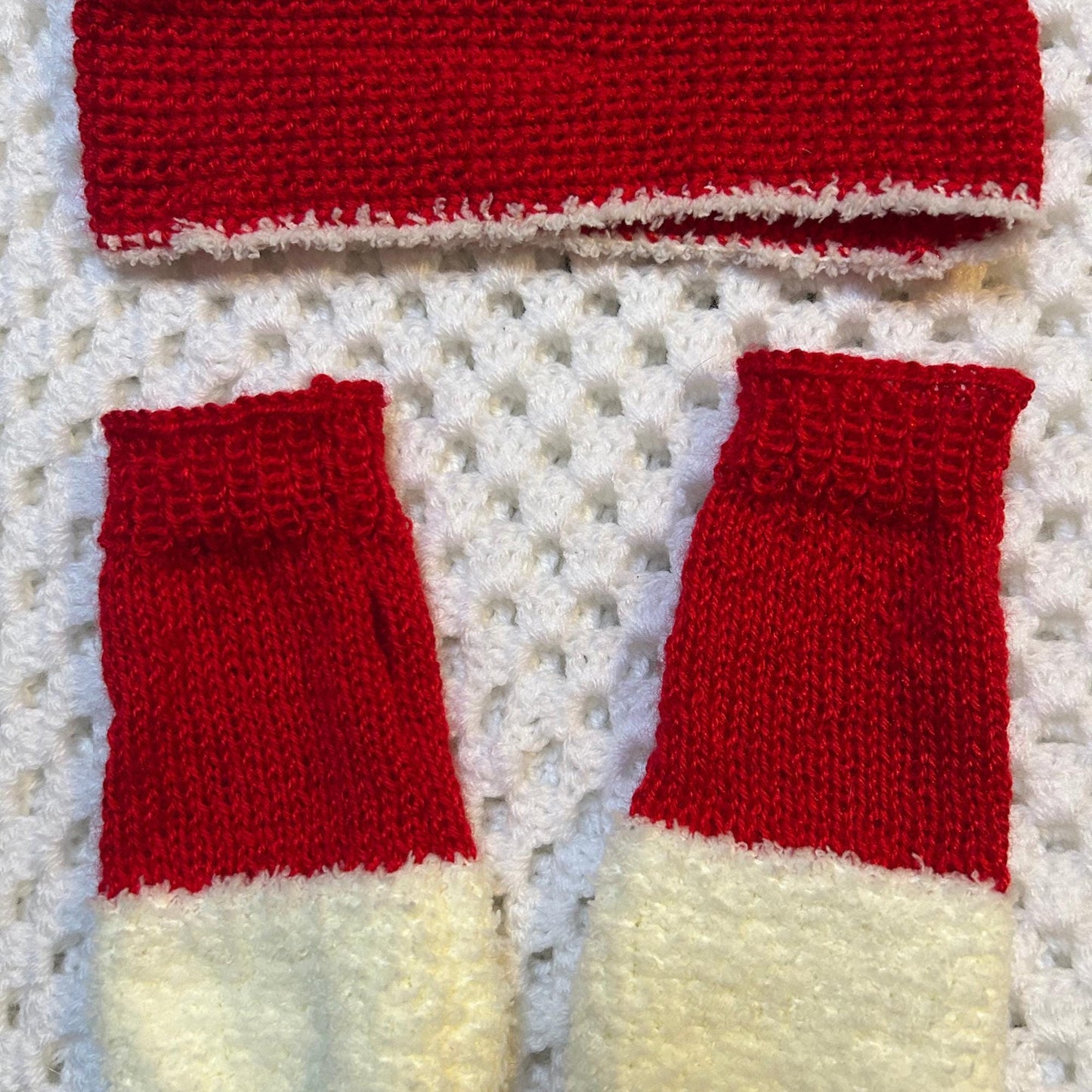Red and Fluffy White Fingerless Gloves and Headband Crocheted Set