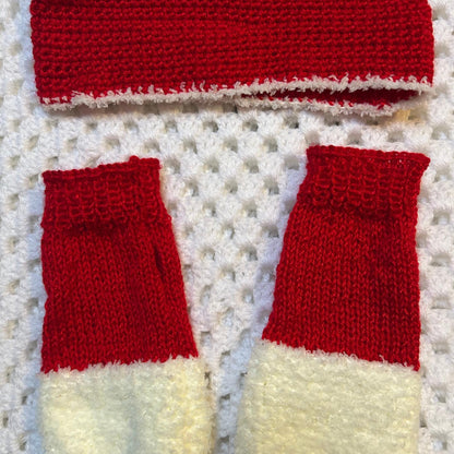 Red and Fluffy White Fingerless Gloves and Headband Crocheted Set