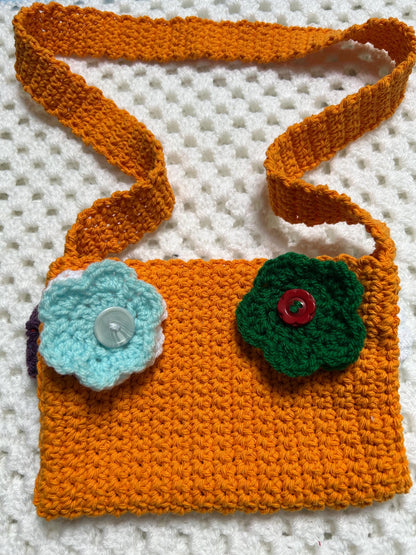 Orange Cotton Handbag with Attached Flowers, Custom Spring and Summer Purse