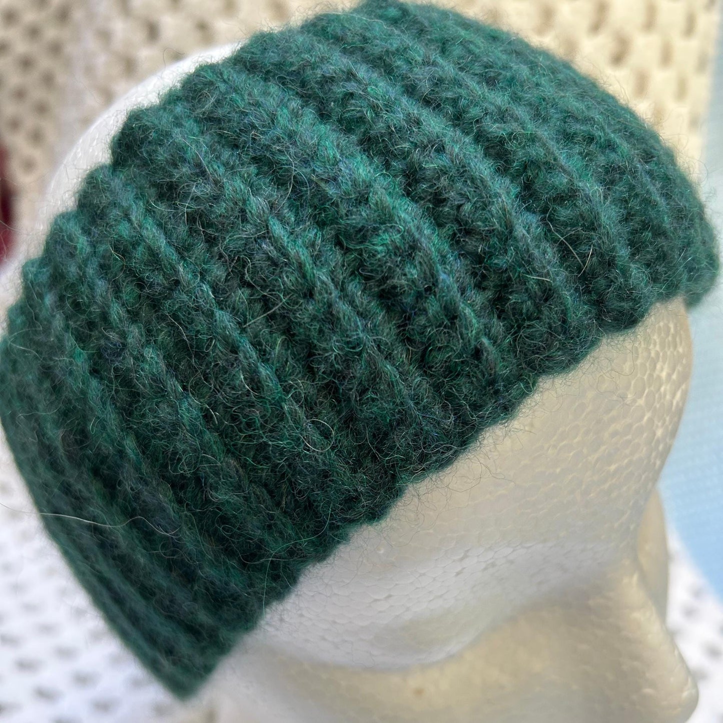 Dark Green Crocheted Headband, Ribbed Headband with Alpaca Wool