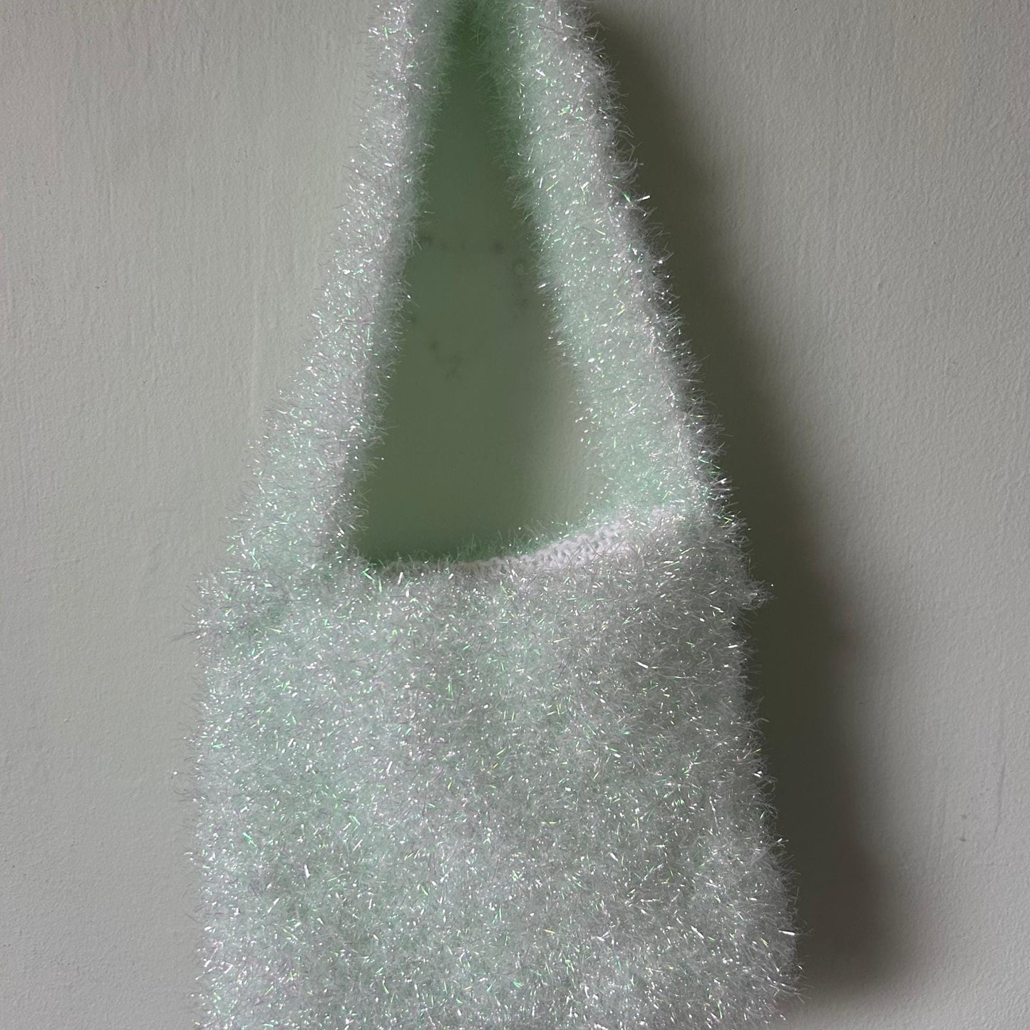 Green Tinsel Effect Knitted Purse, Glass Silk Yarn Bag, Night Out Accessory