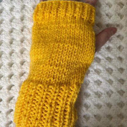 Hand Knit Bright Yellow Fingerless Gloves | Ribbed Arm Warmers, Texting Accessories