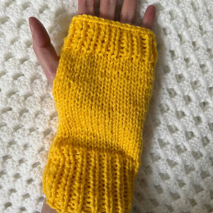 Hand Knit Bright Yellow Fingerless Gloves | Ribbed Arm Warmers, Texting Accessories
