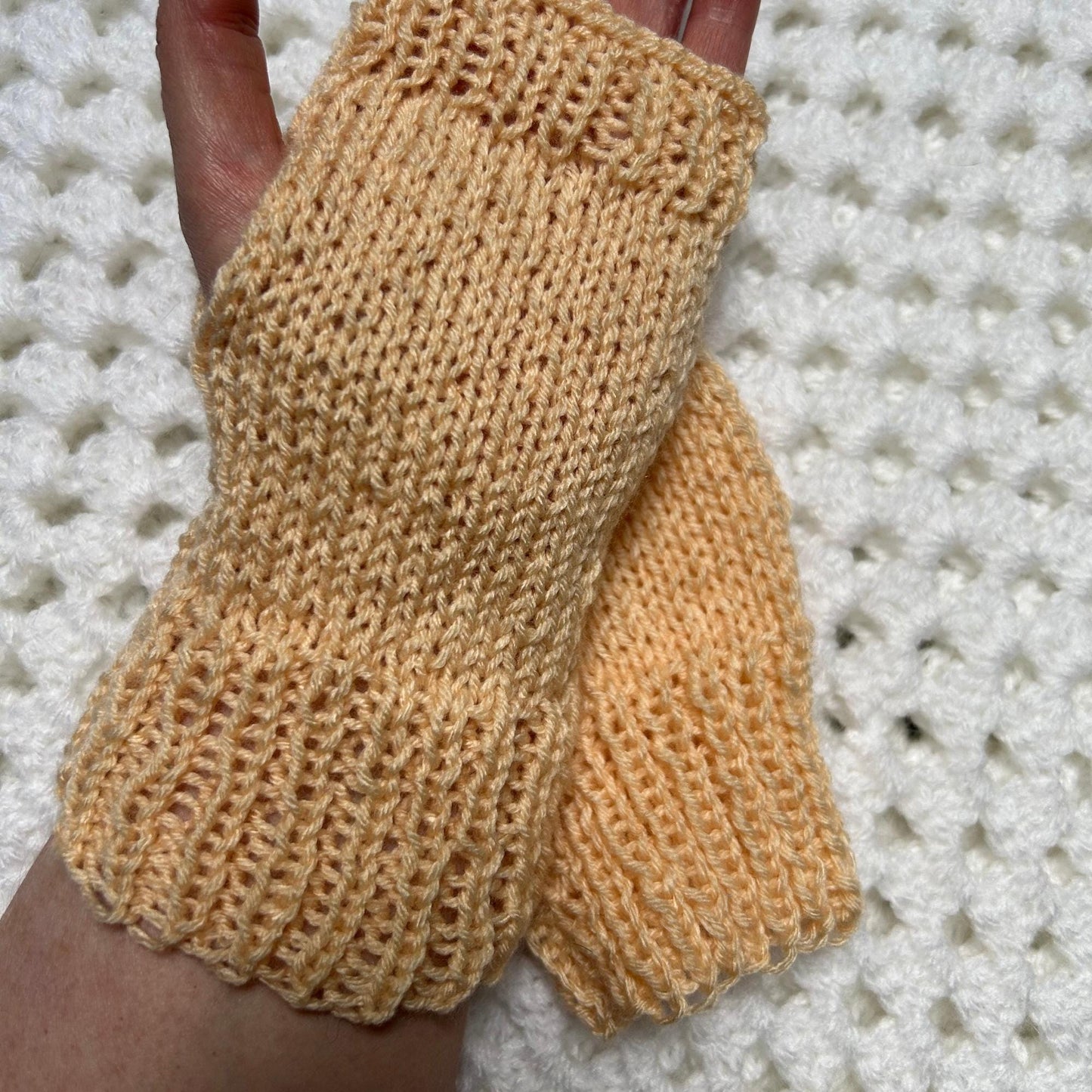 Light Peach Hand Knit Fingerless Gloves, Small Knitted Mittens