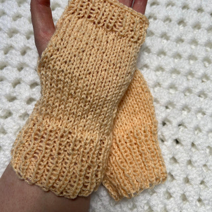Light Peach Hand Knit Fingerless Gloves, Small Knitted Mittens