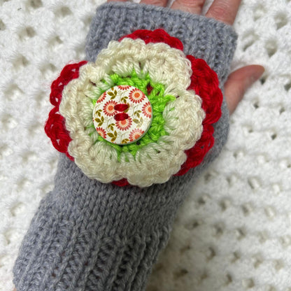 Grey Fingerless Gloves with Double Flowers Attached, Statement Floral Gloves