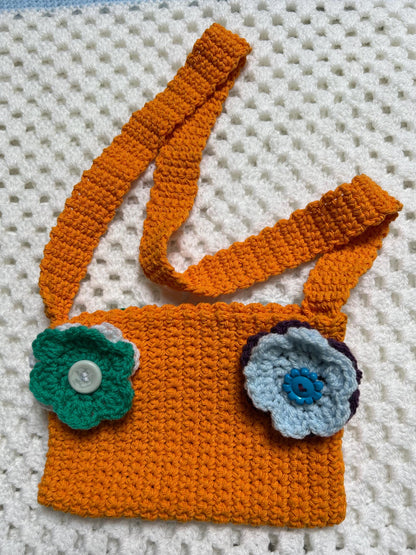 Orange Cotton Handbag with Attached Flowers, Custom Spring and Summer Purse