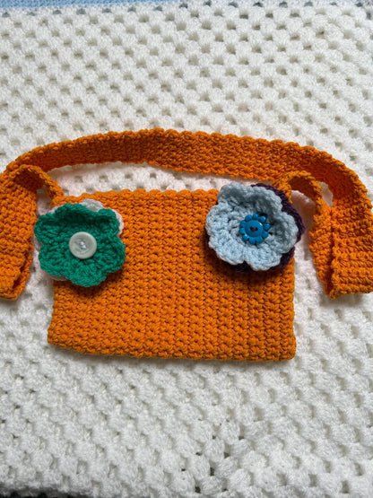 Orange Cotton Handbag with Attached Flowers, Custom Spring and Summer Purse