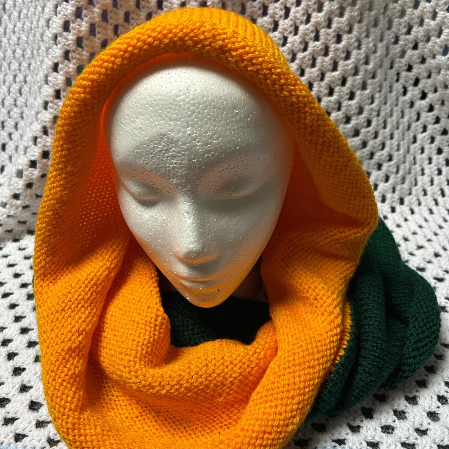 Gold and Green Cowl, Hand Knit Infinity Scarf