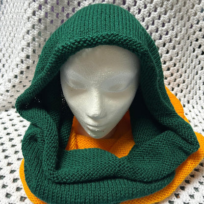 Gold and Green Cowl, Hand Knit Infinity Scarf