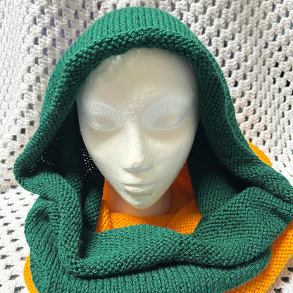Gold and Green Cowl, Hand Knit Infinity Scarf