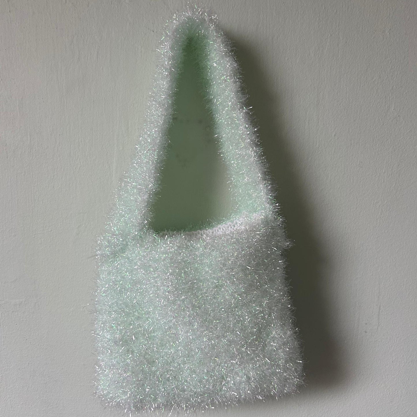 Green Tinsel Effect Knitted Purse, Glass Silk Yarn Bag, Night Out Accessory