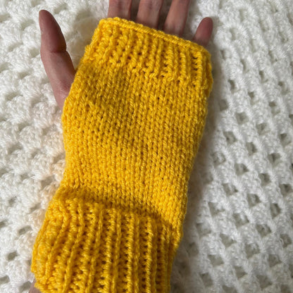 Hand Knit Bright Yellow Fingerless Gloves | Ribbed Arm Warmers, Texting Accessories