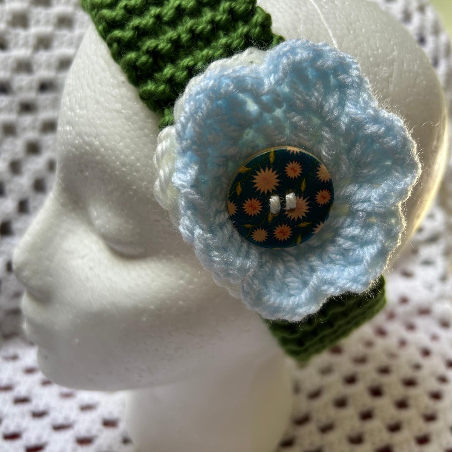 Aran Green Headband with White and Blue Flowers Embellishment, Hand Knit Floral Ear Warmer