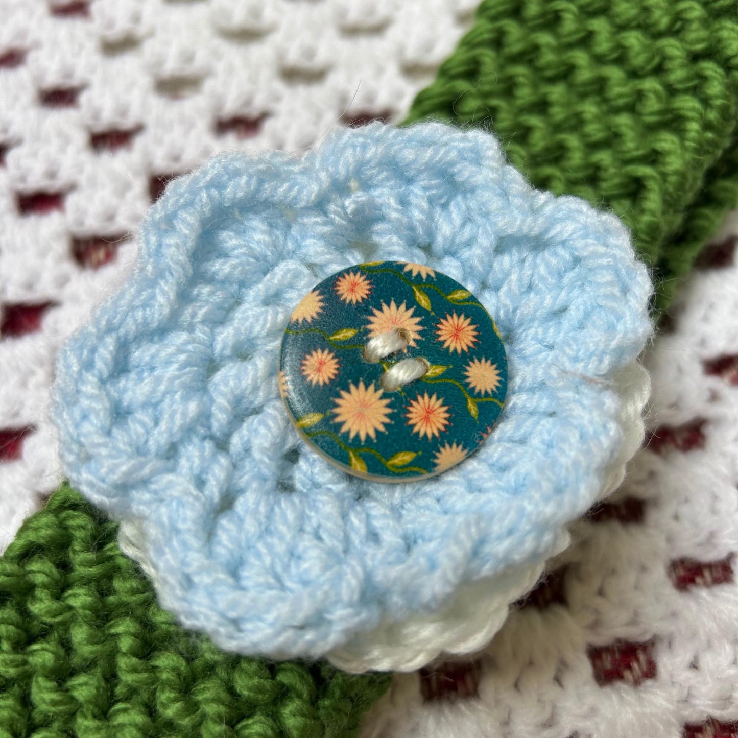 Aran Green Headband with White and Blue Flowers Embellishment, Hand Knit Floral Ear Warmer
