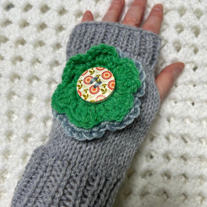Grey Fingerless Gloves with Double Flowers Attached, Statement Floral Gloves