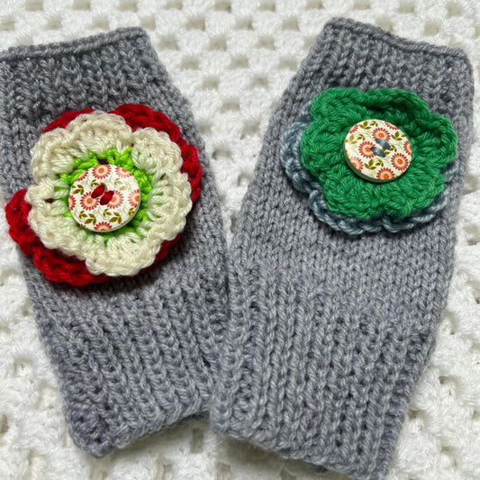 Grey Fingerless Gloves with Double Flowers Attached, Statement Floral Gloves