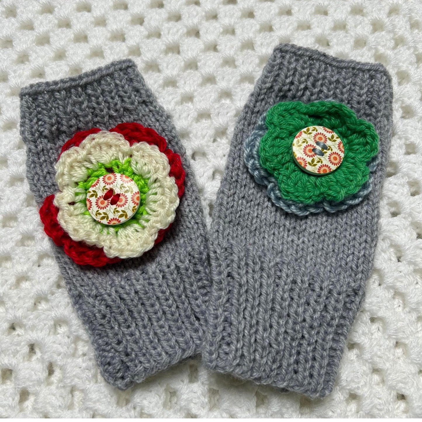 Grey Fingerless Gloves with Double Flowers Attached, Statement Floral Gloves