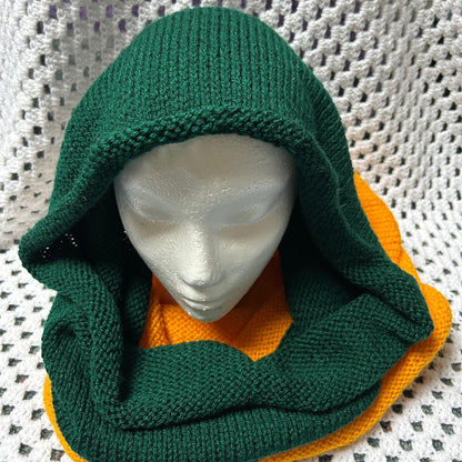 Gold and Green Cowl, Hand Knit Infinity Scarf