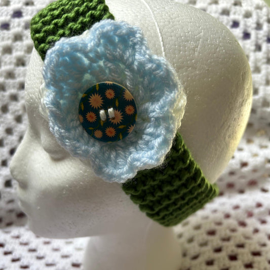 Aran Green Headband with White and Blue Flowers Embellishment, Hand Knit Floral Ear Warmer